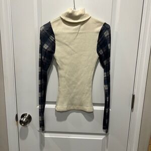 Gimmicks Women Turtleneck Rib Knit Plaid Mesh Sleeve Top MBG21173‎ Cream Size M